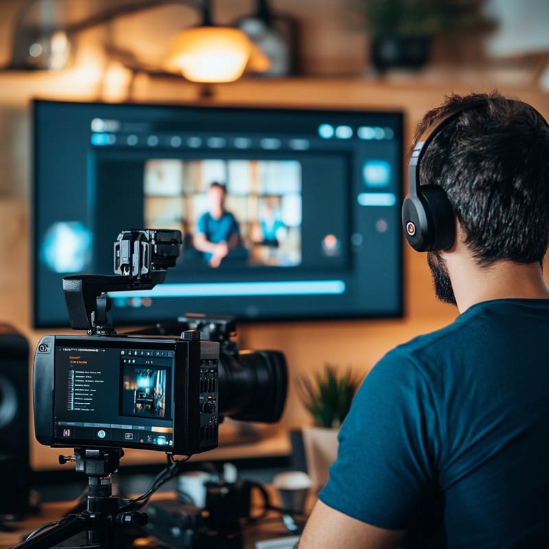 content-creator-setting-up-live-webinar-with-professional-equipment-presentation-screen Video Marketing